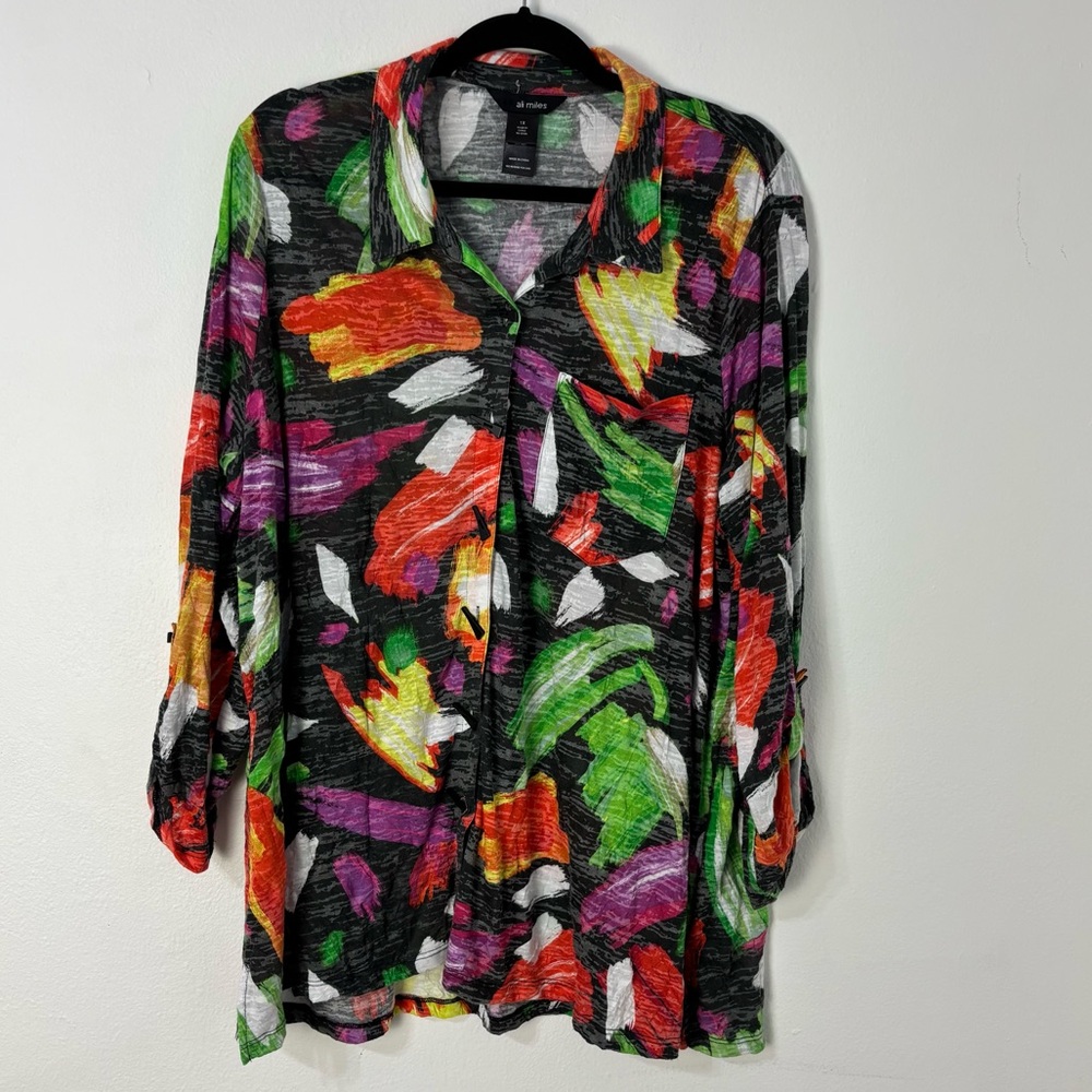 Ali Miles Womens Multicolor Abstract Button Down Shirt Contemporary Artsy Sz 1X‎